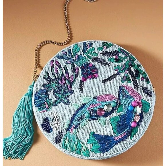 Anthropologie Under the Sea Embroidered Beaded Round Clutch Bag with Tassel NWT - Picture 1 of 5